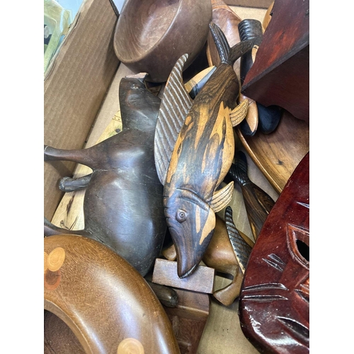 106 - CARTON OF HAND CRAFT TREEN ITEMS, BOWLS, MASK, BOOMERANGS ETC