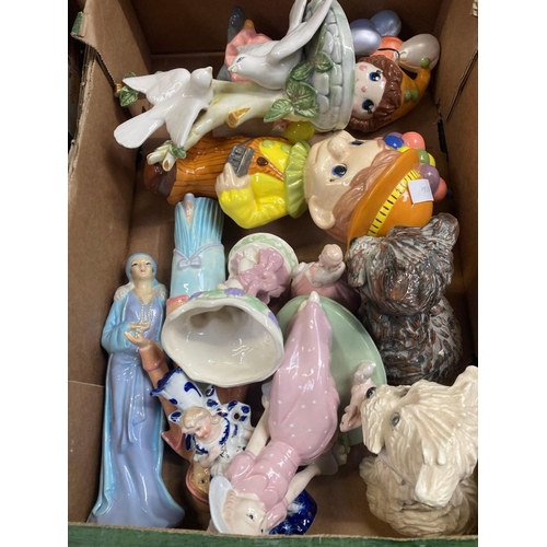 108 - 2 CARTONS OF NOVELTY CHINA, CLOWNS, DOG, LADIES, BIRDS, CLOWN CLOCK, SCOTTY DOGS & OTHER CHINAWARE