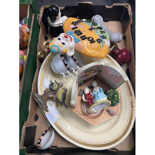 108 - 2 CARTONS OF NOVELTY CHINA, CLOWNS, DOG, LADIES, BIRDS, CLOWN CLOCK, SCOTTY DOGS & OTHER CHINAWARE