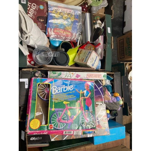 109 - 2 CARTONS WITH MISC BRIC-A-BRAC INCL; BALLOON LADY, CHARACTER JUGS, BARBIE MOUNTAIN BIKE SET, GAMES,... 