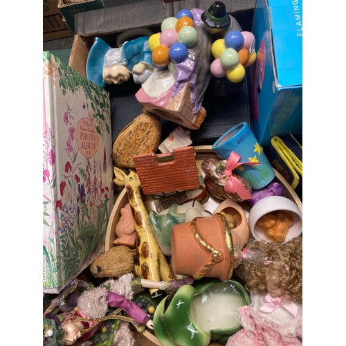 109 - 2 CARTONS WITH MISC BRIC-A-BRAC INCL; BALLOON LADY, CHARACTER JUGS, BARBIE MOUNTAIN BIKE SET, GAMES,... 