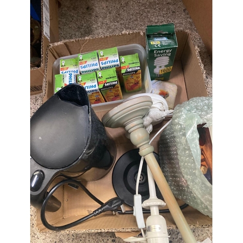 112 - CARTON OF MISC KITCHEN SAUCEPANS, ROYAL PORCELAIN DINNER PATES, ELECTRIC KETTLE, MISC ELECTRIC LIGHT... 
