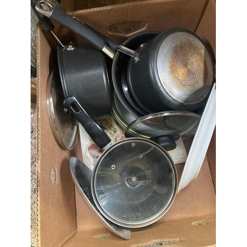 112 - CARTON OF MISC KITCHEN SAUCEPANS, ROYAL PORCELAIN DINNER PATES, ELECTRIC KETTLE, MISC ELECTRIC LIGHT... 