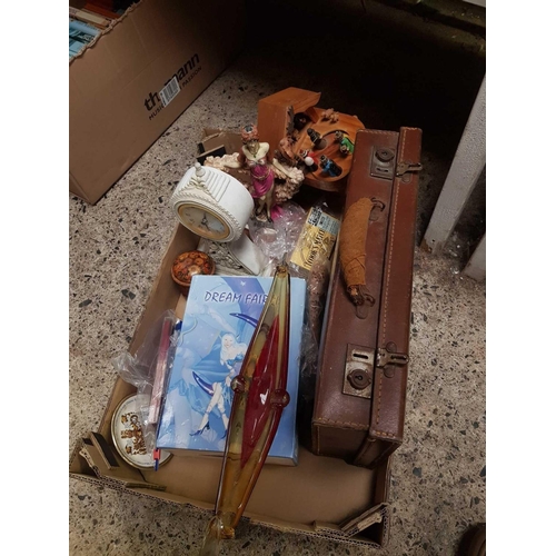 115 - CARTON WITH SMALL BRIEFCASE A/F, FAIRY ORNAMENTS, GLASS BOAT DISH &  OTHER BRIC-A-BRAC