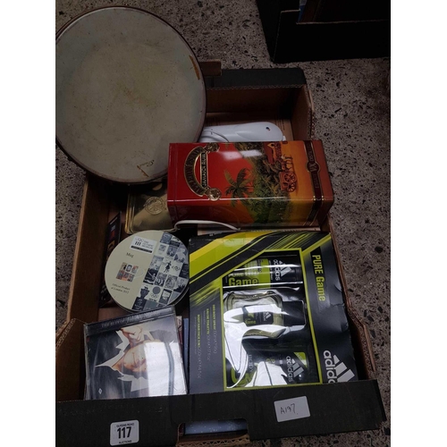 117 - CARTON WITH 2 TAMBOURINES, MISC CD'S, EMPTY BOXES, SLATE COASTERS & ADIDAS AFTERSHAVE ETC
