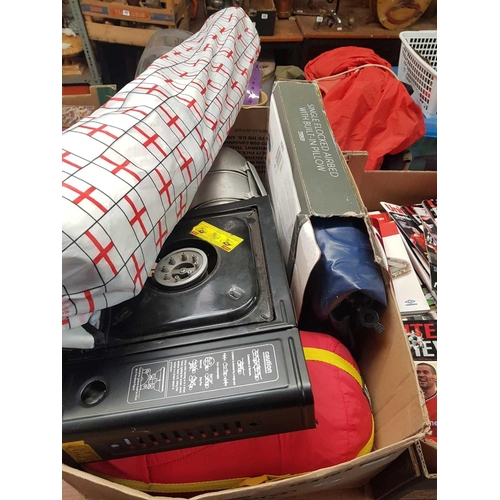 119 - CARTON WITH CAMPING GAS STOVE, ALUMINIUM CANS & CAMPING EQUIPMENT