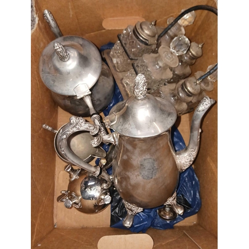 62 - CARTON OF MISC PLATEDWARE INCL; WATER POTS & A CRUET