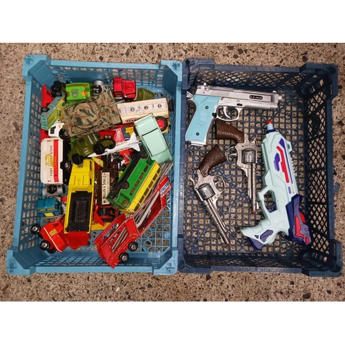 64 - CARTON OF PLAY WORN TOYS & 4 TOY PISTOLS