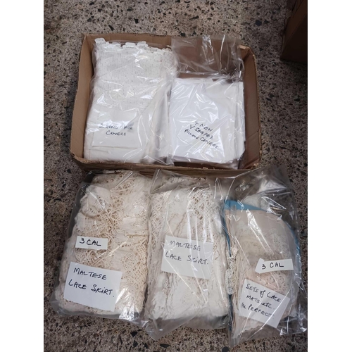 68 - CARTON WITH MISC LINEN, PILLOW COVERS, 2 MALTESE LACE SKIRTS, OTHER SETS OF LACE & MATERIAL