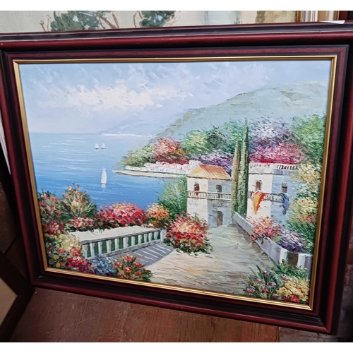 87 - F/G WATERCOLOUR OF A TREE & SEASCAPE SCENE & 3 OTHERS POSSIBLY OIL ON CANVAS & BOARD