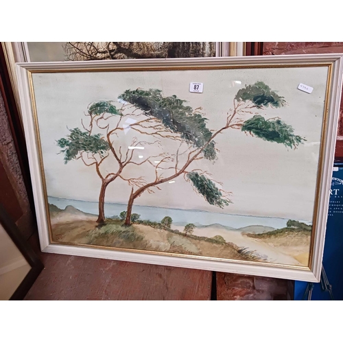 87 - F/G WATERCOLOUR OF A TREE & SEASCAPE SCENE & 3 OTHERS POSSIBLY OIL ON CANVAS & BOARD