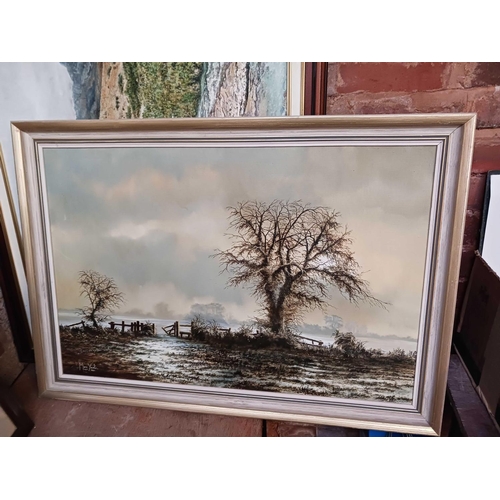 87 - F/G WATERCOLOUR OF A TREE & SEASCAPE SCENE & 3 OTHERS POSSIBLY OIL ON CANVAS & BOARD
