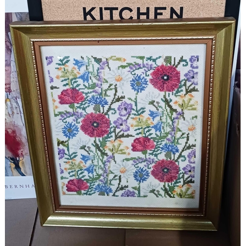 91 - CARTON WITH MISC F/G PICTURES SOME BEING EMBROIDERED