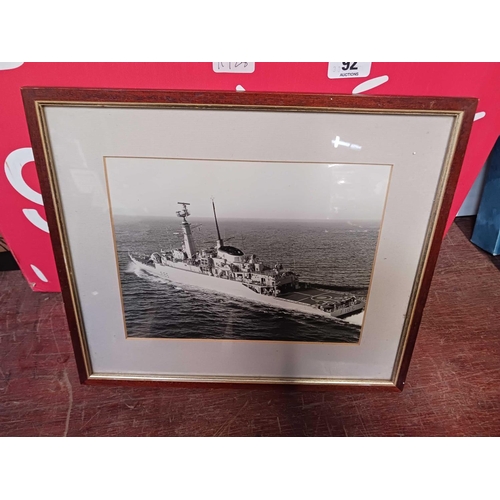 92 - CARTON OF MISC F/G PICTURES, PHOTO'S OF NAVAL SHIPS, A REPRO TITANIC SIGN & OTHER PICTURES