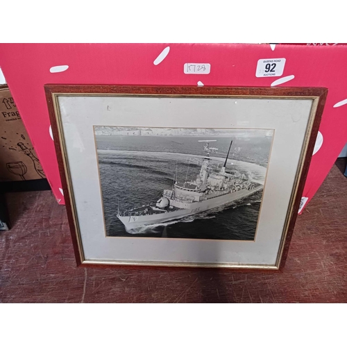 92 - CARTON OF MISC F/G PICTURES, PHOTO'S OF NAVAL SHIPS, A REPRO TITANIC SIGN & OTHER PICTURES
