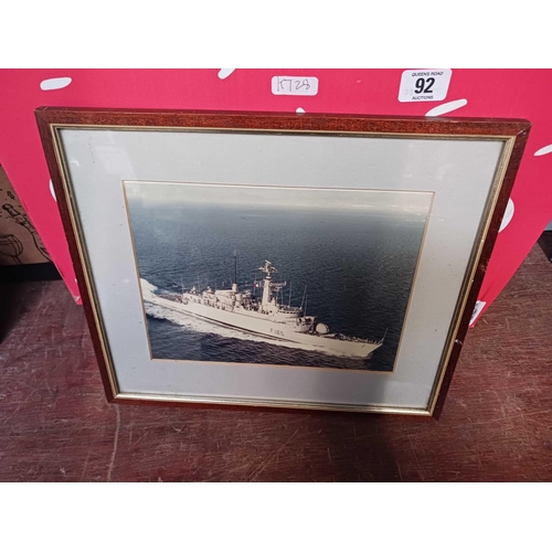 92 - CARTON OF MISC F/G PICTURES, PHOTO'S OF NAVAL SHIPS, A REPRO TITANIC SIGN & OTHER PICTURES