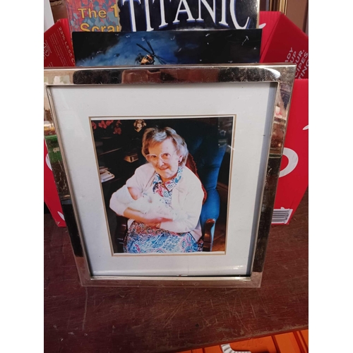 92 - CARTON OF MISC F/G PICTURES, PHOTO'S OF NAVAL SHIPS, A REPRO TITANIC SIGN & OTHER PICTURES
