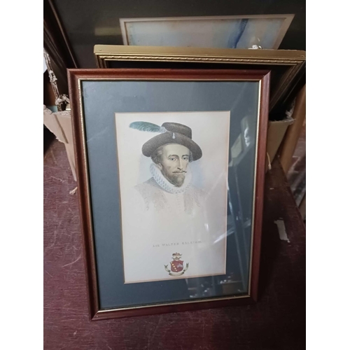 94 - CARTON WITH VARIOUS F/G PRINTS, WATERCOLOURS, PENCIL DRAWING OF A NUDE & AN ANTIQUE ENGRAVING OF SIR... 