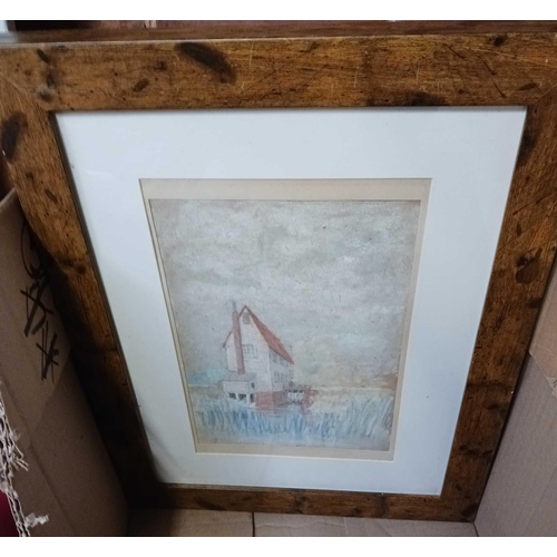 94 - CARTON WITH VARIOUS F/G PRINTS, WATERCOLOURS, PENCIL DRAWING OF A NUDE & AN ANTIQUE ENGRAVING OF SIR... 