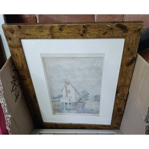 94 - CARTON WITH VARIOUS F/G PRINTS, WATERCOLOURS, PENCIL DRAWING OF A NUDE & AN ANTIQUE ENGRAVING OF SIR... 