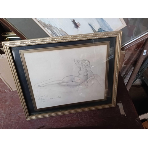 94 - CARTON WITH VARIOUS F/G PRINTS, WATERCOLOURS, PENCIL DRAWING OF A NUDE & AN ANTIQUE ENGRAVING OF SIR... 