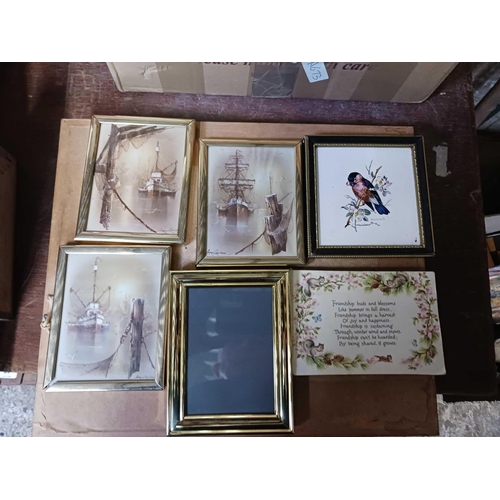 94 - CARTON WITH VARIOUS F/G PRINTS, WATERCOLOURS, PENCIL DRAWING OF A NUDE & AN ANTIQUE ENGRAVING OF SIR... 