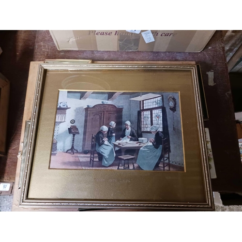 94 - CARTON WITH VARIOUS F/G PRINTS, WATERCOLOURS, PENCIL DRAWING OF A NUDE & AN ANTIQUE ENGRAVING OF SIR... 