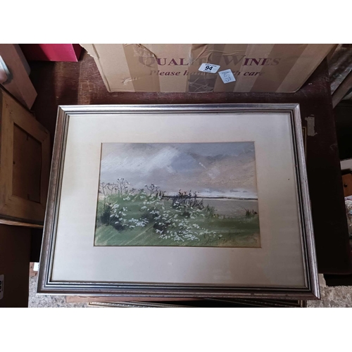 94 - CARTON WITH VARIOUS F/G PRINTS, WATERCOLOURS, PENCIL DRAWING OF A NUDE & AN ANTIQUE ENGRAVING OF SIR... 