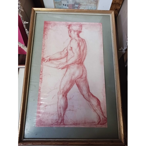 94 - CARTON WITH VARIOUS F/G PRINTS, WATERCOLOURS, PENCIL DRAWING OF A NUDE & AN ANTIQUE ENGRAVING OF SIR... 