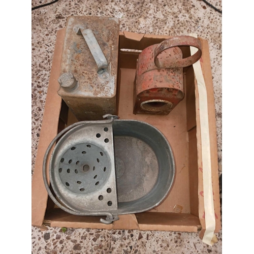 124 - CARTON WITH AN ESSO PETROL CAN, ROAD WORKS LAMP & GALVANISED MOP BUCKET