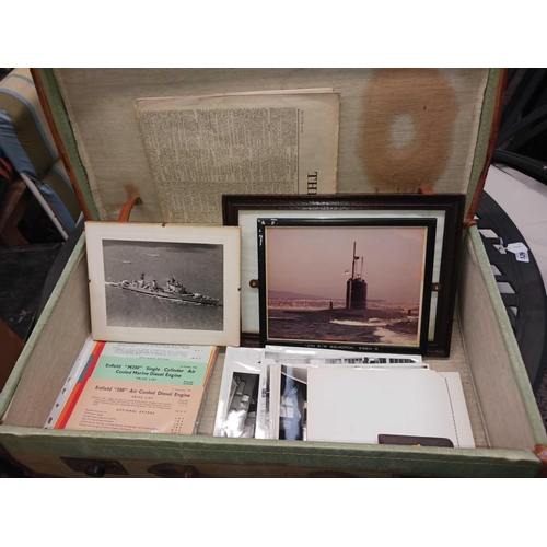 125 - MILITARY STYLE SUITCASE WITH MISC PHOTOGRAPHS OF MARINE DIESEL ENGINES, FRAMED PICTURES OF A SUBMARI... 