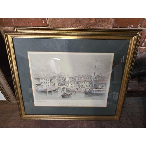 156 - CARTON OF MIXED F/G PICTURES OF EXETER, PRINT OF FISHERMEN LOADING A BOAT & OTHER CONTEMPORARY PRINT... 