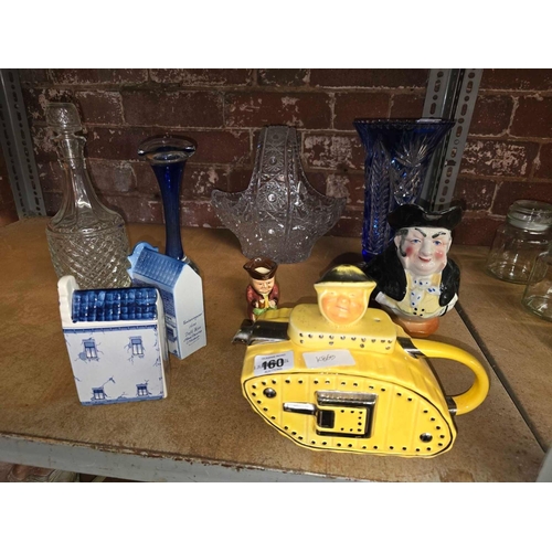 160 - SHELF WITH A COBALT, BLUE GLASS VASE, A CRYSTAL BASKET, DECANTER, YELLOW TANK TEA POT & OTHER CHINA