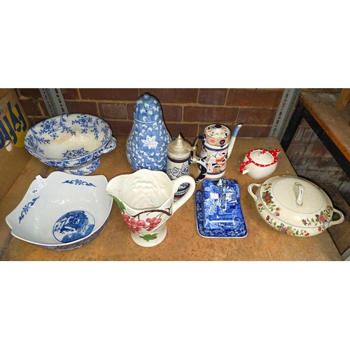 180 - 2 SHELVES OF MISC BLUE & WHITE CHINA INCL; MEAT PLATES,BOWLS, CHEESE DISH, VASE & OTHER CHINA