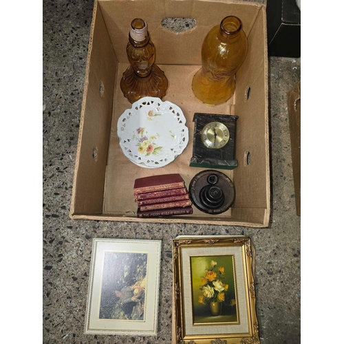 182 - CARTON WITH MISC PICTURES, GLASS CANDLE LAMP & A SMALL STONE CLOCK WITH DAMAGE