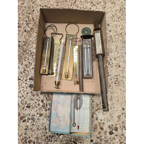 26 - CARTON WITH MISC BRASS COOKING THERMOMETERS INCL; A FRUIT BOTTLING THERMOMETER