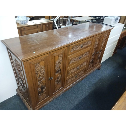 273 - ORIENTAL CARVED SIDEBOARD, 6ft LONG X 3ft 4'' HIGH X 1ft 10'' IDE