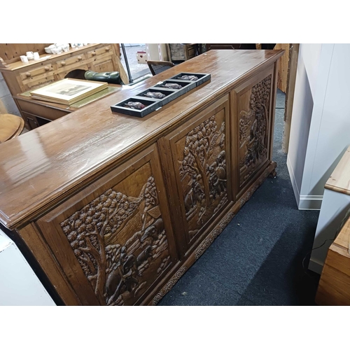 273 - ORIENTAL CARVED SIDEBOARD, 6ft LONG X 3ft 4'' HIGH X 1ft 10'' IDE