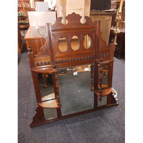 277 - EDWARDIAN MAHOGANY OVER MANTEL WITH BEVELLED EDGE MIRROR & SHELVING