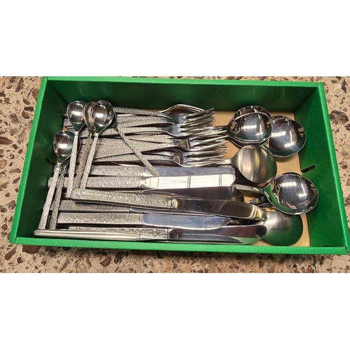 28 - SMALL CARTON OF MISC STAINLESS STEEL TABLE CUTLERY BY VINERS OF SHEFFIELD