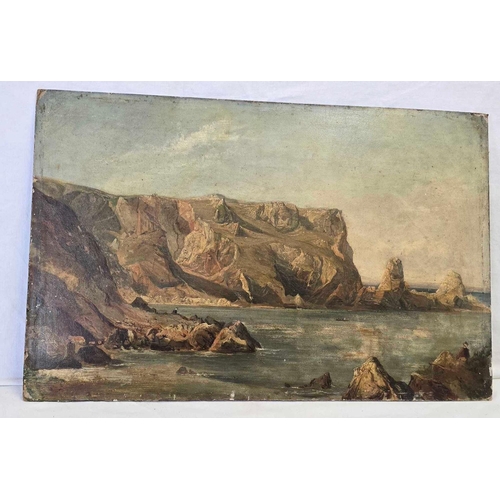 305 - PAINTING ON BOARD OF SHORELINE WITH CLIFFS & BOAT