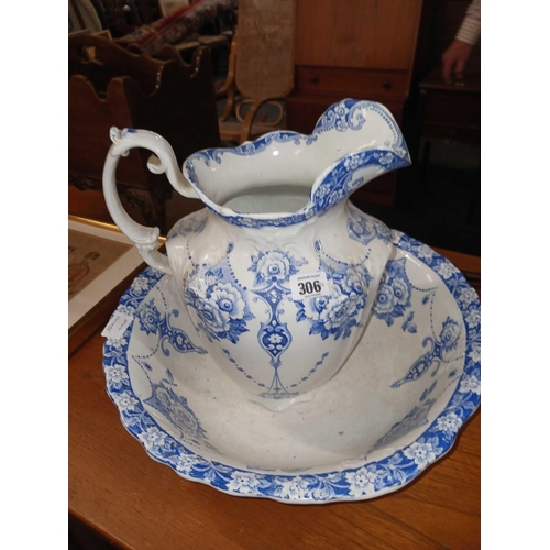 306 - CHINA WASH BASIN & JUG, BOWL DAMAGED