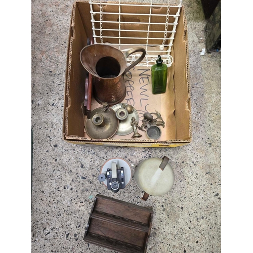 38 - CARTON WITH COPPER JUG, CANDLE HOLDERS, PIPE RACK, SMALL MICROSCOPE IN CASE & OTHER BRIC-A-BRAC
