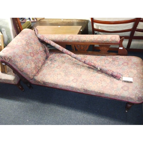 384 - LATE VICTORIAN 3 PIECE SUITE COMPRISING MAHOGANY FRAMED CHAISE LOUNGE/DAY BED, GENTLEMAN'S ARMCHAIR ... 
