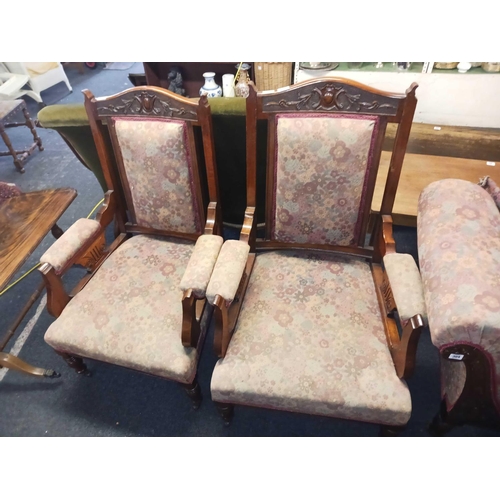 384 - LATE VICTORIAN 3 PIECE SUITE COMPRISING MAHOGANY FRAMED CHAISE LOUNGE/DAY BED, GENTLEMAN'S ARMCHAIR ... 
