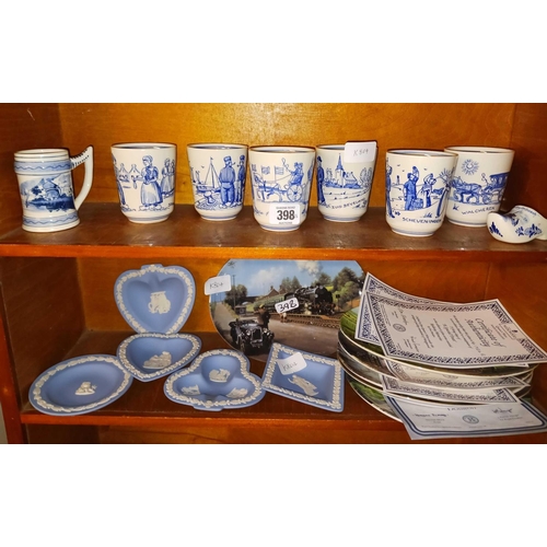 398 - SET OF 6 DELFT HAND PAINTED CUPS/GOBLETS & 3 OTHER GILT PIECES, A SHELF OF 5 WEDGWOOD BLUE JASPER AS... 