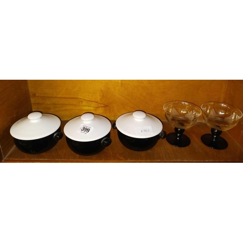 399 - 3 DENBY DISHES & LIDS & 2 PAIR OF COCKTAIL GLASSES