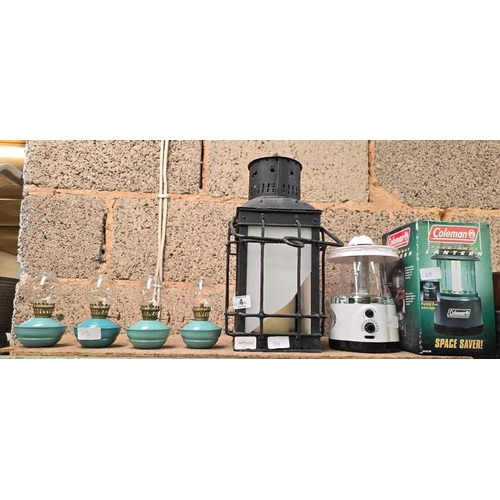 4 - SHELF OF MISC OIL & BATTERY LIGHTING INCL; LANTERN WITH DAMAGED GLASS