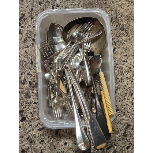 46 - TUB OF MISC PLATED BASTING SPOONS, SOUP LADLE & OTHER FORKS & SPOONS