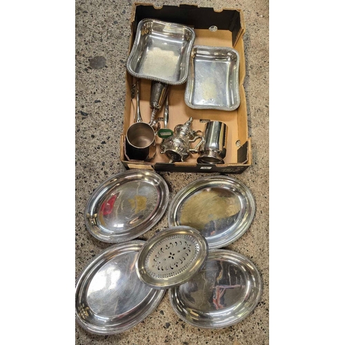 55 - CARTON WITH MISC HORDERVE DISHES, TANKARDS & OTHER METALWARE